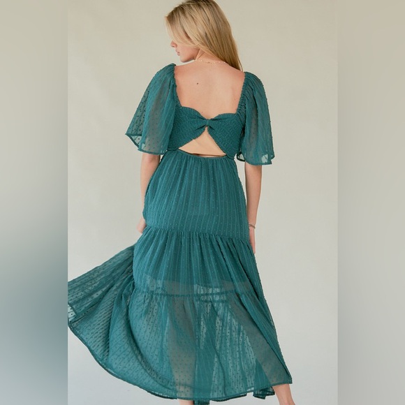 🟠 97B. Swiss Dot Ruched Bodice Open Back Tiered Midi Dress - Green - Picture 3 of 9